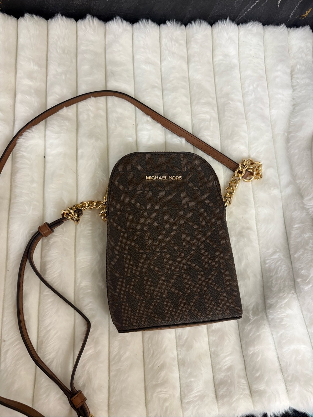 Michael Kors Brown Logo Crossbody with Gold Chain